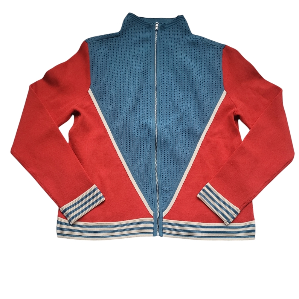 Pre-owned Sandro Paris Aiden Color Block Zip Cardigan Sweater in Red & Blue Sz 3 - Picture 2 of 15